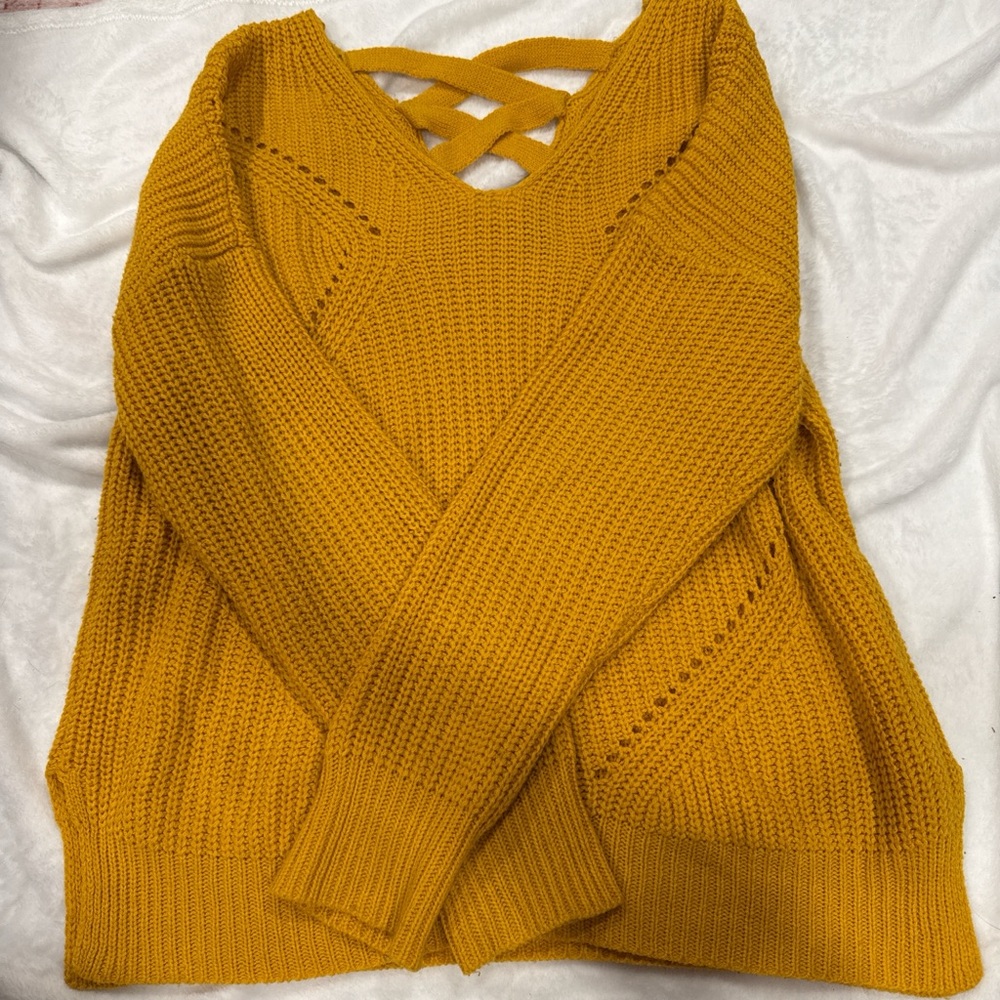 Charlotte Russe Mustard V-Neck Sweater with Crisscross Back